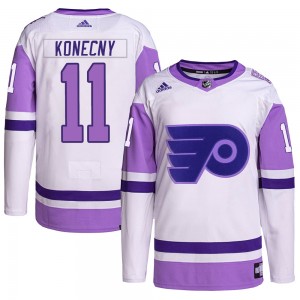 Men's Adidas Philadelphia Flyers Travis Konecny White/Purple Hockey Fights Cancer Primegreen Jersey - Authentic