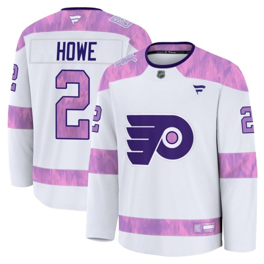 Men's Fanatics Philadelphia Flyers Mark Howe White 2024 Hockey Fights Cancer Practice Jersey - Premium