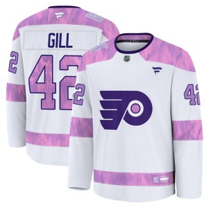 Youth Fanatics Philadelphia Flyers Spencer Gill White 2024 Hockey Fights Cancer Practice Jersey - Premium