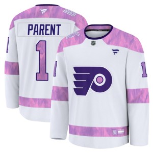 Youth Fanatics Philadelphia Flyers Bernie Parent White 2024 Hockey Fights Cancer Practice Jersey - Premium